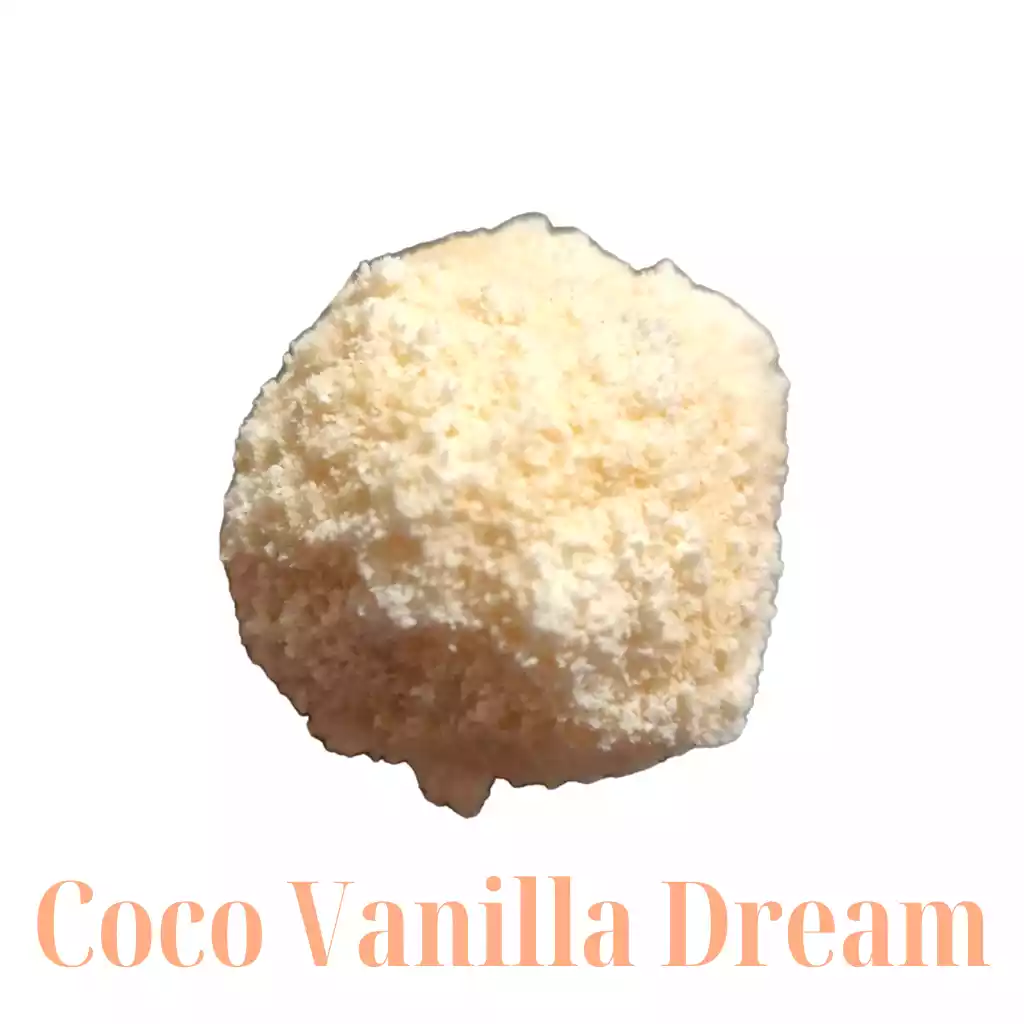 Close-up of scMicroGro Coco Vanilla Dream energy bite, coated in Coco flour. Keto, gluten-free snack.