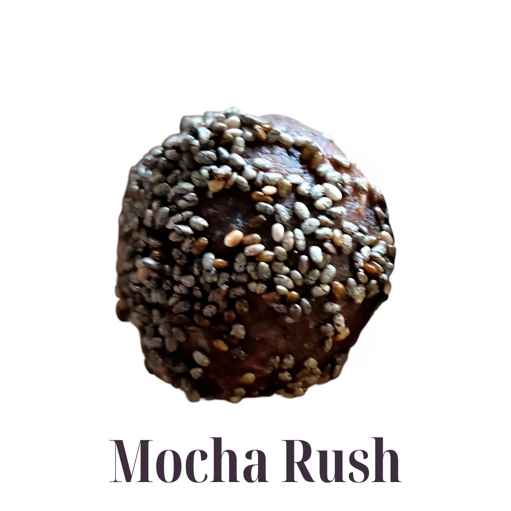 Close-up of scMicroGro Mocha Rush energy bite, coated in chia seeds. Keto, gluten-free, dairy-free snack with a rich mocha flavor.