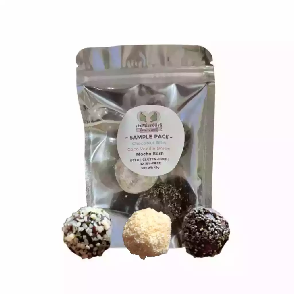scMicroGro Energy Bites Sample Pack featuring ChocoNut Bliss, Coco Vanilla Dream, and Mocha Rush flavors. Keto, gluten-free, and dairy-free healthy snack."